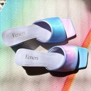 Feners Rainbow Vegan Le Mule Iridescent Purple Blue Club Rave Beachy Block Heels
